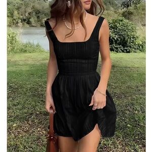 Commense Semi-Sheer Solid Square Neckline Short Dress in Black - Size XS